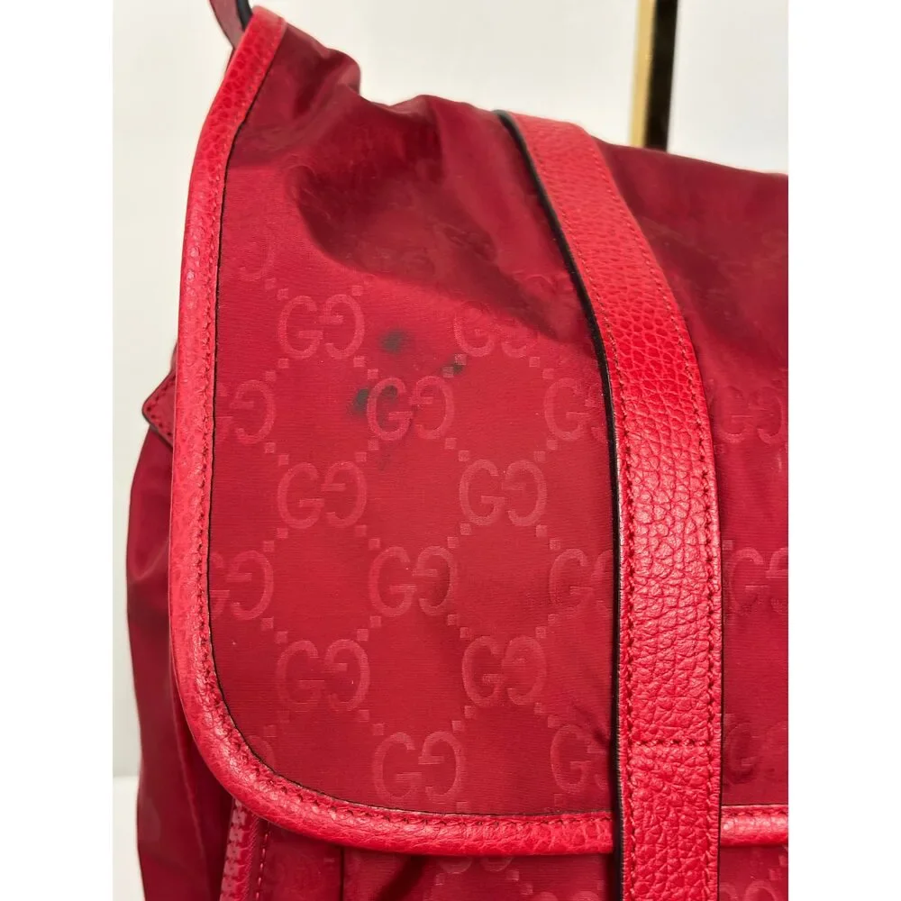 Gucci Red Nylon Monogram Double Buckle Flap Messenger Bag